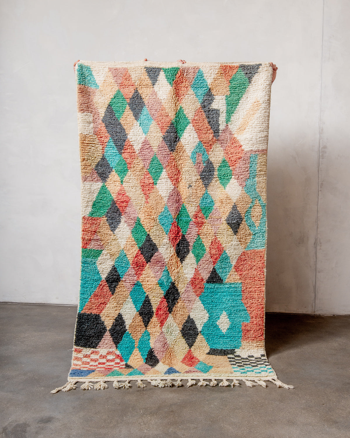 Modern, designer, handcrafted Berber rug from Morocco. Vintage carpet with beautiful colours and patterns and fluffy texture.